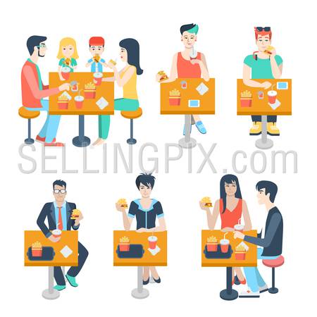 Set of stylish family young boy girl businessman couple figures sitting fastfood table. Flat people lifestyle situation fast food cafe restaurant meal time concept. Creative human collection.