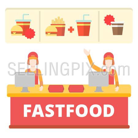 Fastfood flat style order desk cashier line concept. Two free cashdesk table female workers menu burger cola fries coffee. Creative people collection.