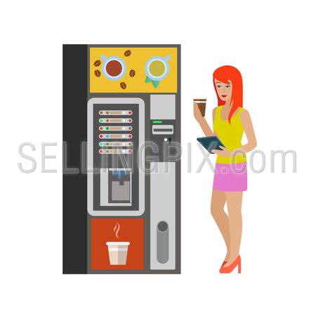 Young woman female girl before coffee automatic machine. Flat people lifestyle situation coffee break. Young creative human vector illustration collection.