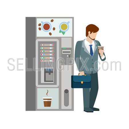 Young businessman manager drink hot beverage cup before coffee automatic machine. Flat people lifestyle situation coffee break. Young creative human vector illustration collection.
