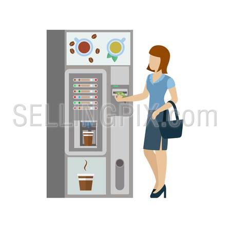 Young woman female girl businesswoman before coffee automatic machine. Flat people lifestyle situation coffee break. Young creative human vector illustration collection.