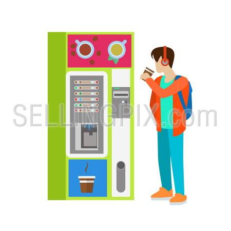 Young man male boy student drink hot beverage cup before coffee automatic machine. Flat people lifestyle situation coffee break. Young creative human vector illustration collection.