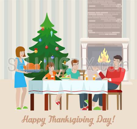 Flat design vector Happy Thanksgiving Day postcard greeting card template, family at the festive table with fireplace, turkey. Holiday flat collection.