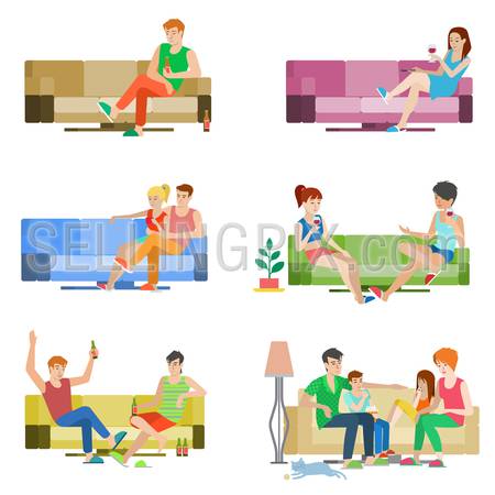 Flat style vector people set of young beautiful people sitting on sofa. Boy girl couple friends family relax lounge divan wine beer. Creative human collection.