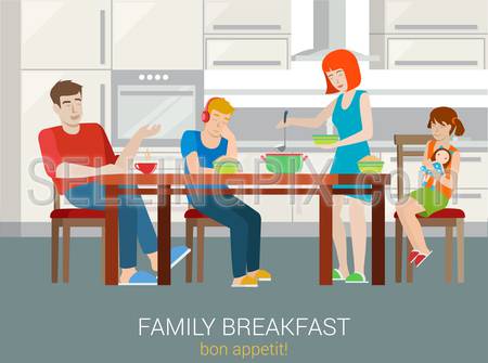 Flat style family breakfast concept. Parents children sitting kitchen table woman porridge impose into bowl plate. Mother father sister brother son daughter. Creative people collection.