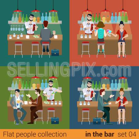 Set of young men women boy girl friends in the bar counter and barman cocktail drink preparation. Flat people lifestyle situation concept. Vector illustration collection of young creative humans.