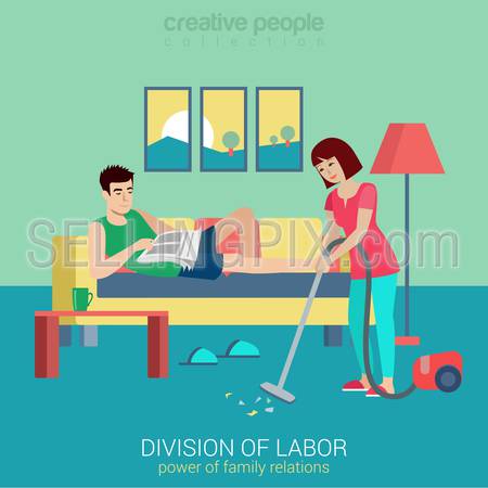 Flat style division of labor lifestyle household domestic relations conflict situation. Woman vacuum clean room man lying reading newspaper. Creative people collection.