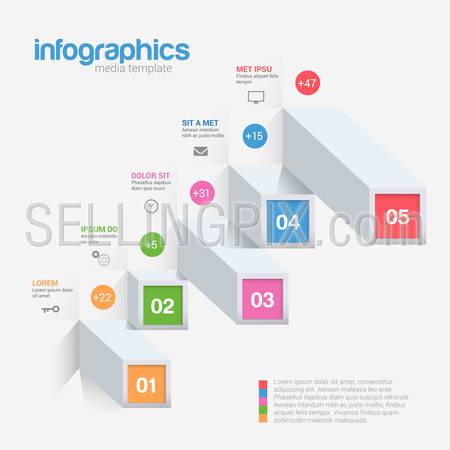 Super stylish 3D bar graphic 5 indicator multicolor infographics mockup template. Infographic background concepts collection.