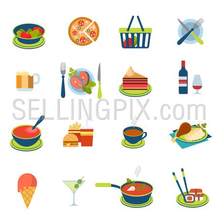 Flat style restaurant fast street food cafe drink icon set. Menu eat beverage dinner lunch salad pizza fish salmon soup sushi chicken ice-cream tea wine dessert web infographic icons collection.