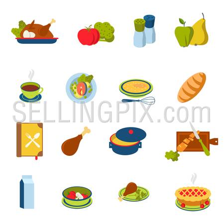 Flat style restaurant fast street food cafe cooking icon set. Menu eat dinner lunch chicken egg turkey tomato apple pear fish steak carrot salt pie dessert web infographic icons collection.