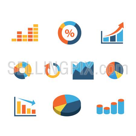 Flat web site interface graphic information data infographics icon set. Percent bar area slice circle line growth fall drop statistics internet concept icons collection.