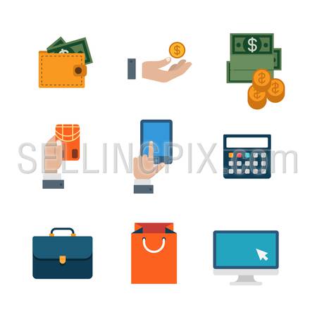 Flat web site interface finance online shopping banking payment transaction infographics icon set. Wallet money dollar banknote coin calculator tablet credit card internet concept icons collection.