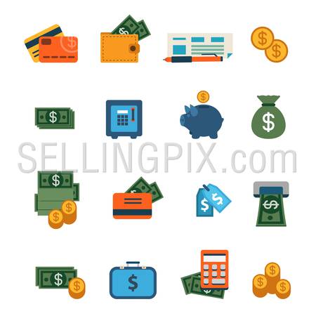Flat web site interface finance online banking payment transaction infographics icon set. Wallet money dollar banknote coin safe credit card check internet concept icons collection.