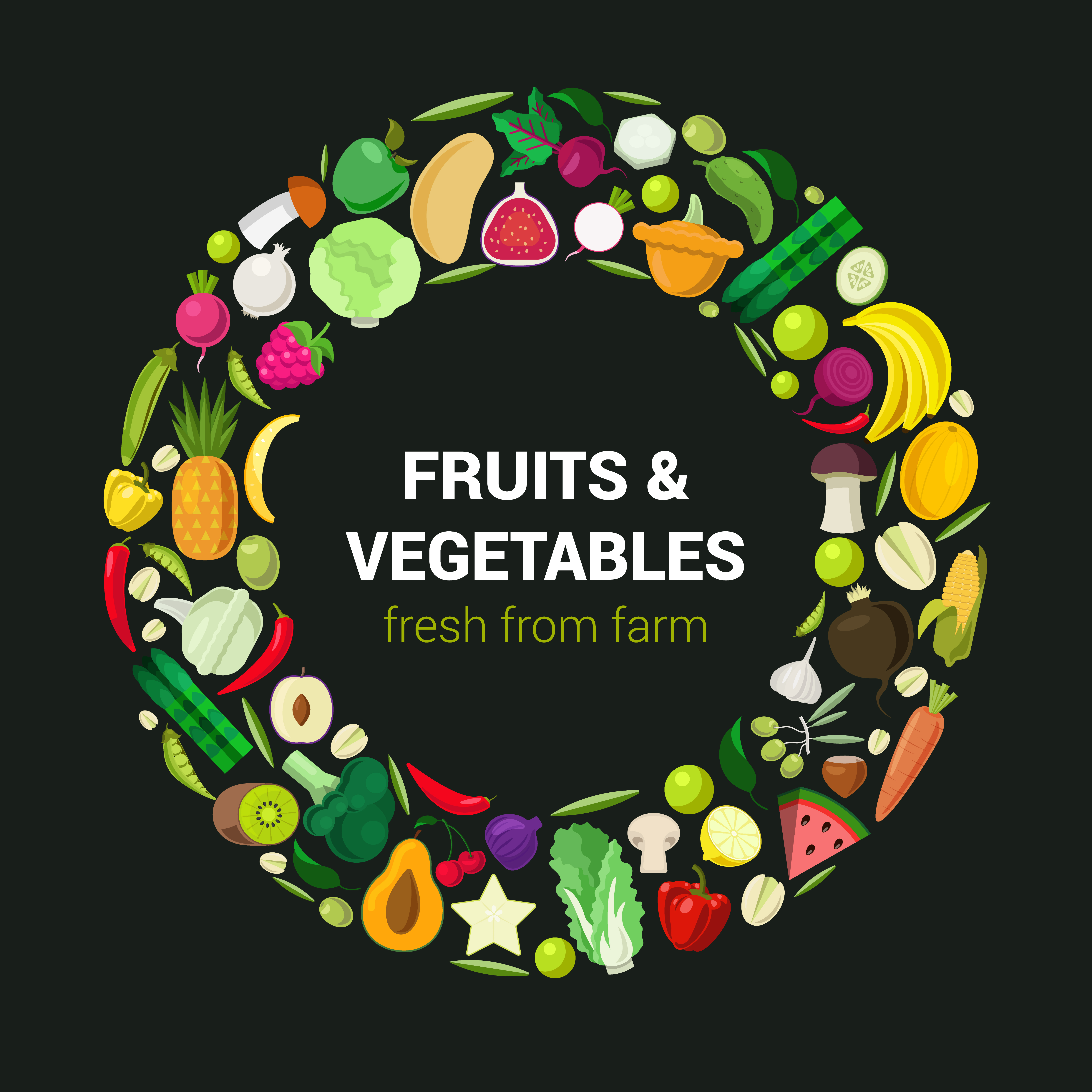Ring of tasty eco food icons. Stylish fresh icon set fruit vegetable berry mushroom plants concept. Farm food collection.