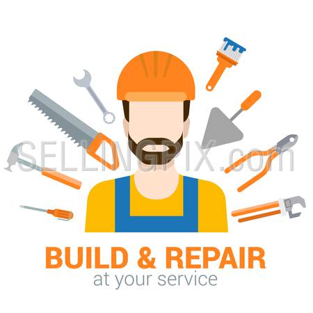 Flat style modern professional build repair construction job related icon man workplace objects. Company logo identity template mockup. Male figure in helmet with tools. People at work collection.