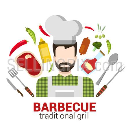 Flat style modern professional cook cafe restaurant barbecue grill job related icon man workplace objects. Company logo identity template mockup. Male figure cap tools. People at work collection.