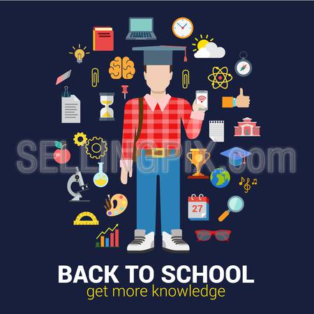 Flat style education infographics icon set concept collage. High school graduate student with smartphone and knowledge objects. Back to school collection.