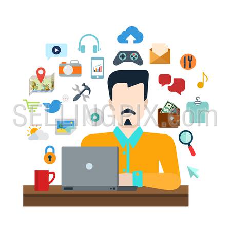Flat style online social media content sharing lifestyle infographics icon set concept collage. Stylish young man with laptop and life object icon set. Creative people collection.