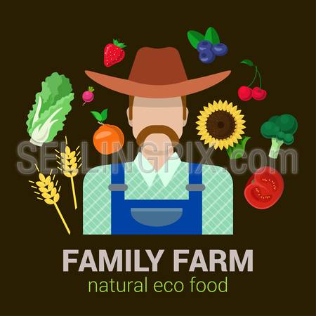 Farmer and harvest natural eco food. Stylish quality detail icon set farm fruit vegetable berry plants. Agriculture logo company identity mockup template concept. Food farming collection.