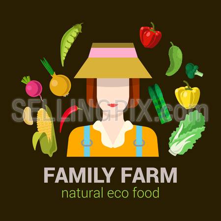 Female family farmer harvest natural eco food. Stylish quality detail icon set farm vegetable plants. Agriculture logo company identity mockup template concept. Food farming collection.