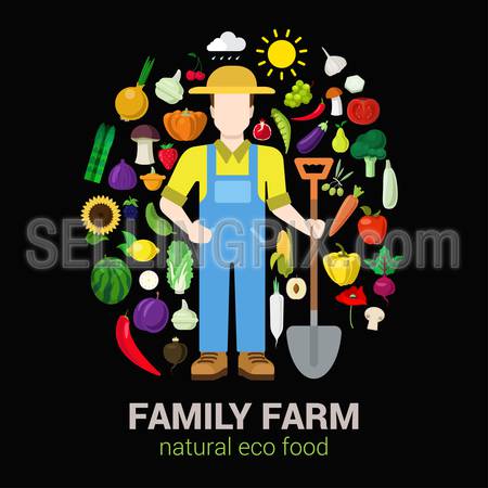 Farmer with shovel and harvest products icons. Stylish quality detail icon set farm fruit vegetable berry mushroom plants. Agriculture concept. Food farming collection.