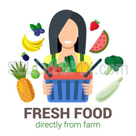 Female young girl shop seller salesman farmer harvest natural eco fresh food. Stylish quality detail icon set farm fruit. Agriculture logo company identity mockup template concept. Farming collection.