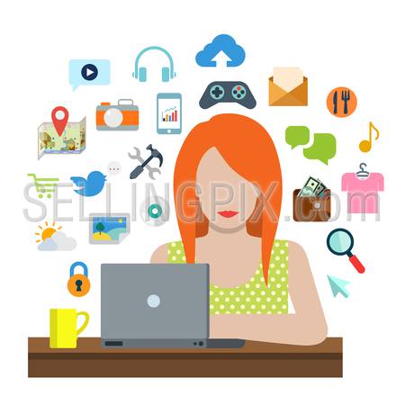 Flat style online social media content sharing lifestyle infographics icon set concept collage. Stylish young woman with laptop and life object icon set. Creative people collection.