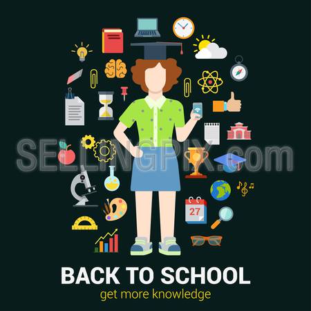 Flat style education infographics icon set concept collage. High school young female graduate student girl with smartphone and knowledge objects. Back to school collection.