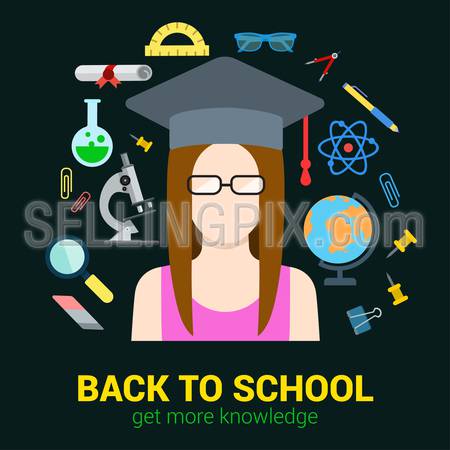 Flat style knowledge education graduation degree infographics icon set concept collage. Female young girl student graduate clothes cap objects globe atom glasses flask. Back to school collection.