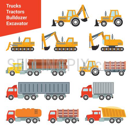 Flat city construction transport icon set. Excavator crane grader concrete cement mixer roller pit dump truck loader tow wrecker truck. Build your own world web infographic collection.