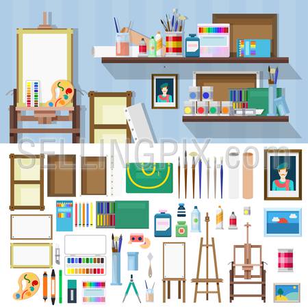 Flat style art workshop icons objects kit template mockup. Icon set to build artist workplace. Kits collection.