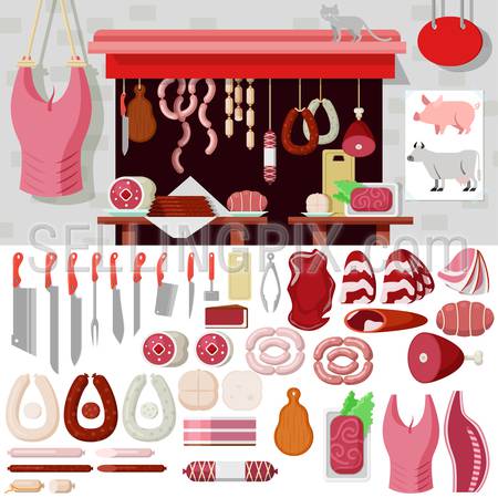 Flat style butcher shop workplace icons objects kit template mockup. Icon set meat products tools to build butchery. Kits collection.