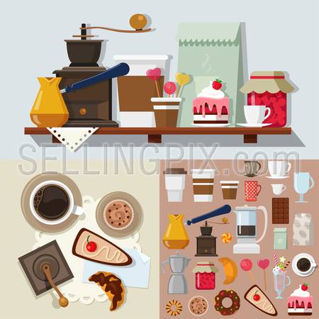 Flat style confectionery dessert candy shop icons objects kit template mockup. Icon set sweet products tools to build cafe table. Kits collection.