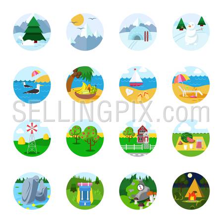 Flat stylish detailed landscape season travel tourism icon set. Winter mountain forest summer sea beach autumn harvest countryside hiking tent. Nature collection.