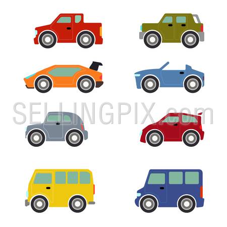 Flat funny cartoon road transport icon set. Sportscar supercar hatchback taxi cab car. Build your own world web infographic collection.