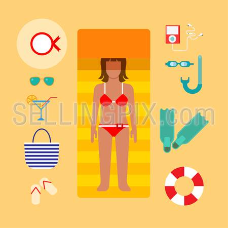 Beautiful beach flat web infographic travel vacation concept vector template. Sexy cartoon young female sunbathing lounge cocktail. Creative people collection.