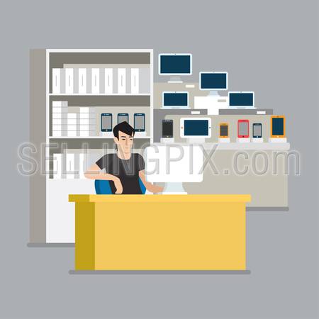 Computer smartphone tablet showcase salesman sale point. Flat style modern professional job related icon man workplace objects. Showcase box phone laptop PC stock. People work collection.