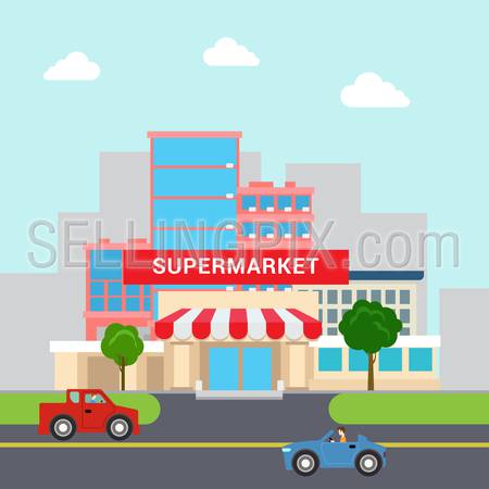 Flat style funny cartoon supermarket mall building sale parking and transport street. Business marketing collection.