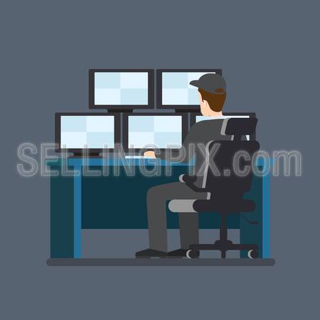 Security guard room camera monitor table workplace. Flat style modern professional job related icon man workplace objects. Showcase box phone laptop PC stock. People work collection.
