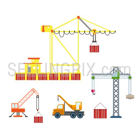 Flat city crane construction sea port container box logistics transport icon set. Build your own world web infographic collection.