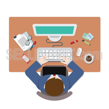 Top view businessman computer workplace. Business people creative team flat top table view web concept. Website creative people conceptual collection.