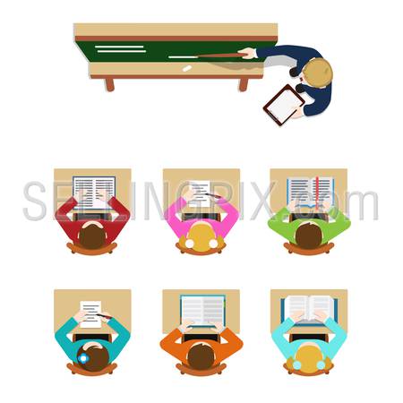 Education training class teacher coach blackboard and student pupil. Flat top table view web concept school classroom tables. Website creative people conceptual collection.