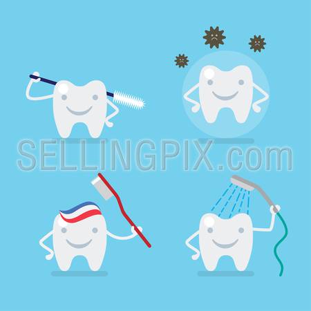 Funny cute flat style tooth dental cartoon icon set. Flossing caries protection brushing washing rinsing.