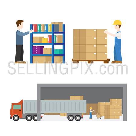Delivery service worker tranport in process icon set flat modern web infographic concept vector. Pallet boxes truck loading process. Creative people.