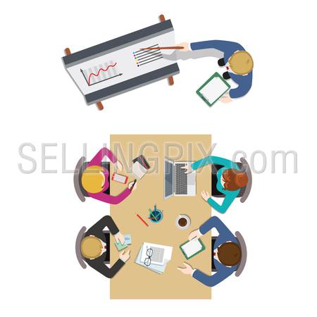 Office meeting room top view report business collaboration teamwork brainstorming flat web infographic concept vector. Staff around table working with laptop tablet. Creative people collection.