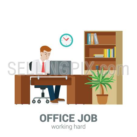 Office job process concept. Businessman sitting table laptop cupboard locker document shelf. Flat style modern professional work related icon man workplace. People at work collection.