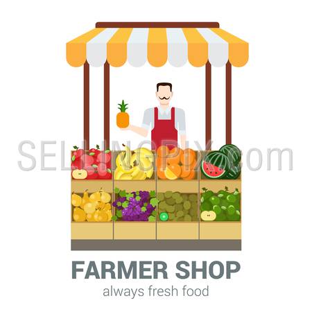 Food market fruit shop owner salesman. Flat style modern professional job related icon man workplace objects. Showcase box pineapple apple banana orange kiwi grapes pear. People work collection