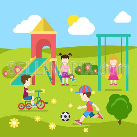 Flat style modern playground happy children play. Slide seesaw boy girl soccer. Childhood parenting collection.