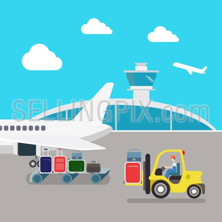 Flat style airport plane luggage loading process. Transport delivery collection.