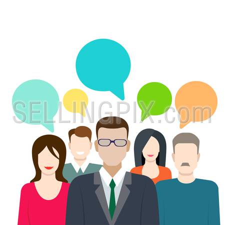 Social marketing word of mouth gossip flat web infographic internet online technology concept vector template. Groups of micro people and chat callout signs. Creative people collection.